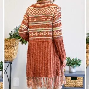 ADORA Rust and Cream Knit Cardigan with Fringe
